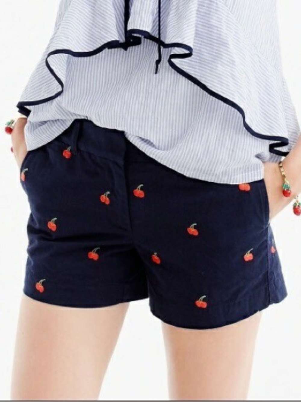 J. Crew 4" Cotton‎ Chino Short Navy Blue With Embroidered Cherries Size 2